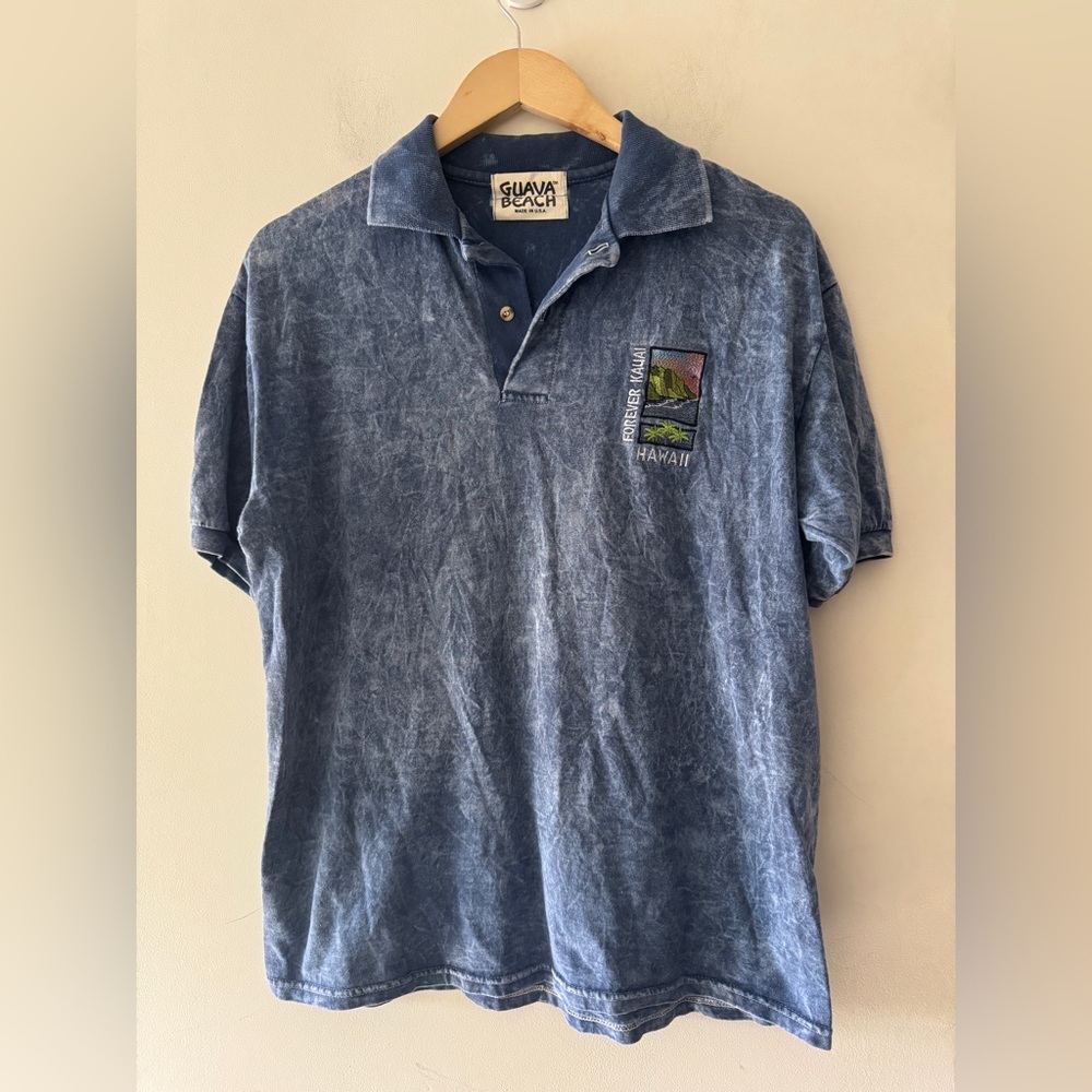Guava Beach‎ Forever Kauai Hawaii Blue Wash Polo Shirt Resortwear